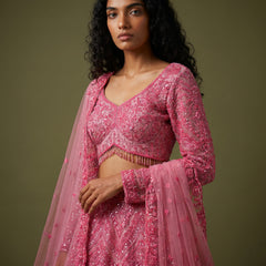 Shocking pink embellished long-sleeve crop blouse with sheer dupatta and matching skirt