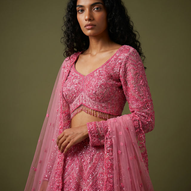Shocking pink embellished V-neck blouse with long sleeves and sheer dupatta