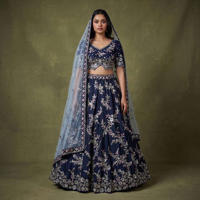 Navy designer lehenga with silver zari floral embroidery, matching blouse and sheer dupatta