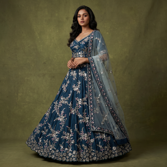 Blue embroidered designer lehenga with silver zari floral motifs and sheer dupatta