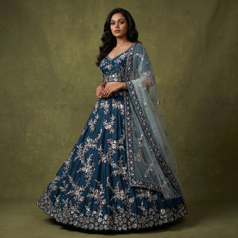 Blue embroidered designer lehenga with silver zari floral motifs and sheer dupatta