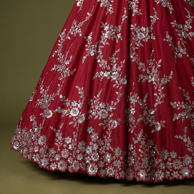 Deep pink-maroon lehenga skirt with silver floral vine embroidery and scalloped border
