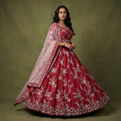 Designer lehenga with silver zari floral embroidery and sheer pink dupatta