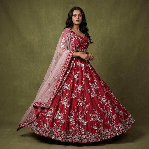 Designer lehenga with silver zari floral embroidery and sheer pink dupatta