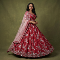 Rani pink silk lehenga with silver zari floral embroidery and sheer dupatta