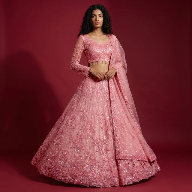 Blush pink beaded and pearl embellished lehenga with long sleeves and flared skirt