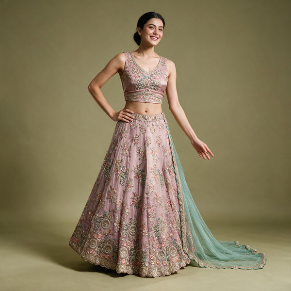 Royalty - Baby Pink Glass Tissue Resham & Cutdana Floral Lehenga