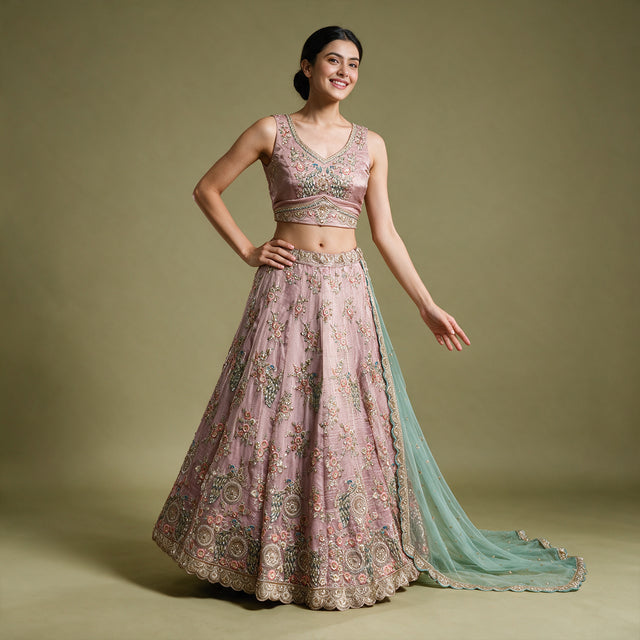 Royalty - Baby Pink Glass Tissue Resham & Cutdana Floral Lehenga