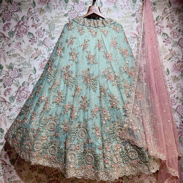 Teal-blue lehenga skirt with floral resham and cutdana details, pink sheer dupatta