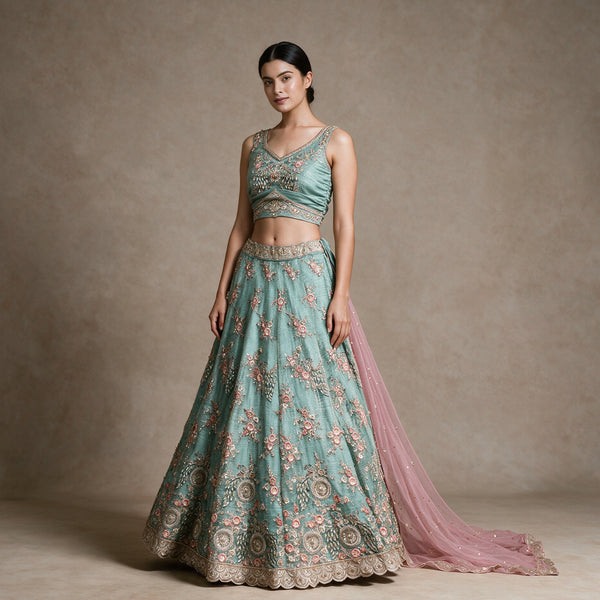Royalty - Sky Blue Glass Tissue Resham & Cutdana Floral Lehenga