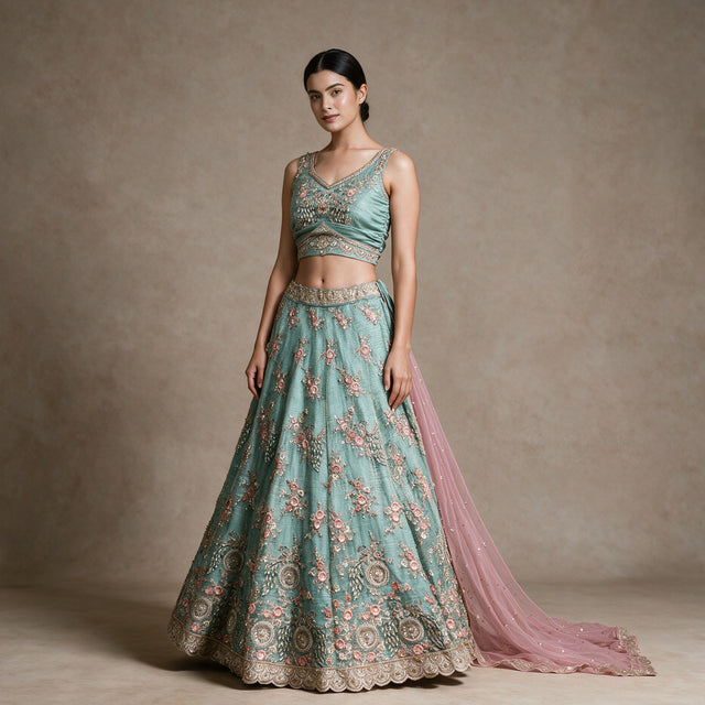 Royalty - Sky Blue Glass Tissue Resham & Cutdana Floral Lehenga