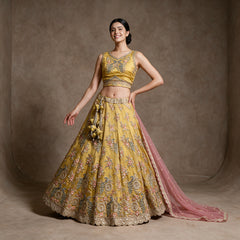 Royalty - Yellow Glass Tissue Resham & Cutdana Floral Haldi Lehenga