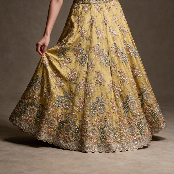 Royalty - Yellow Glass Tissue Resham & Cutdana Floral Haldi Lehenga