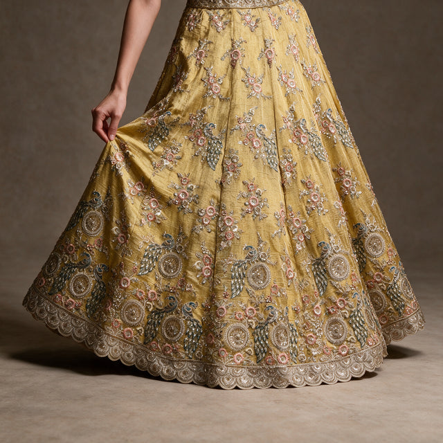 Royalty - Yellow Glass Tissue Resham & Cutdana Floral Haldi Lehenga