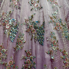 Baby pink tissue lehenga with multicolor floral sequin and cutdana embellishments