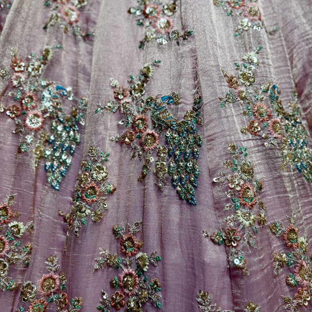 Baby pink tissue lehenga with multicolor floral sequin and cutdana embellishments