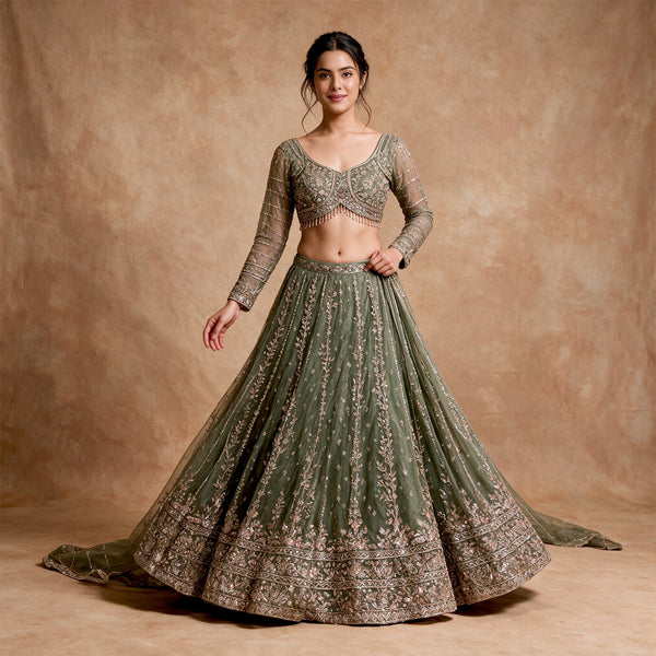 Jazzagals - Olive Net Cutdana Lehenga with Stitched Blouse for Engagement, Reception & Sangeet