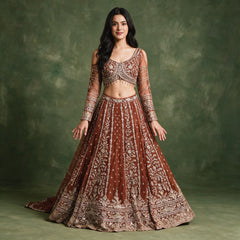 Rust embellished lehenga with flared skirt and matching stitched long-sleeve blouse