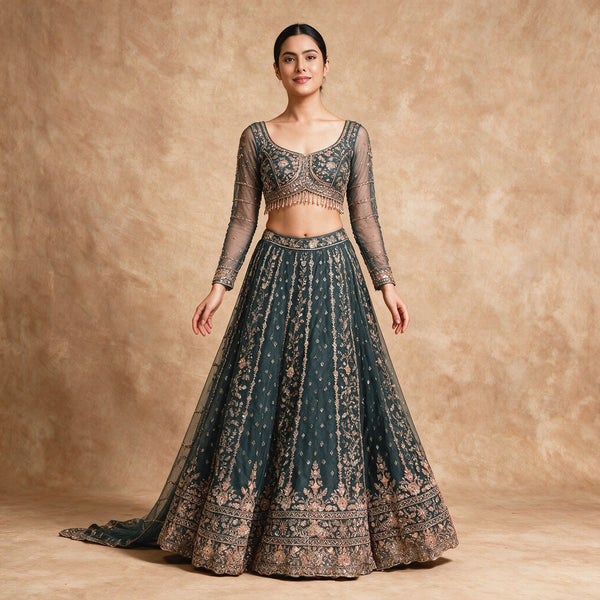 Jazzagals - Teal Net Cutdana Lehenga with Stitched Blouse for Engagement, Reception & Sangeet