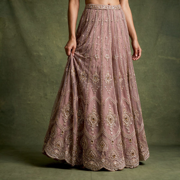 Mauve lilac embellished pleated lehenga skirt with bead and stone motifs