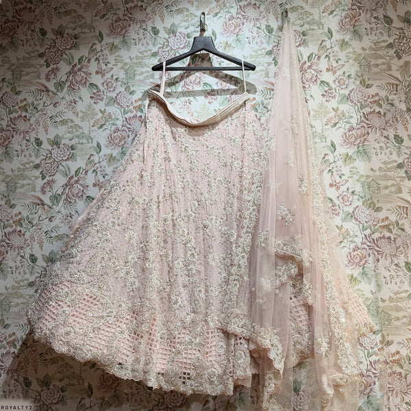 Soft pink lehenga set with embellished bodice, net dupatta, and full gathered skirt
