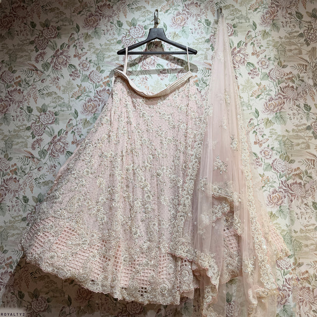 Soft pink embroidered lehenga skirt and dupatta with scalloped hem and net trim