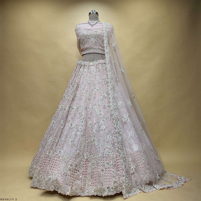 Soft pink pearl-embellished georgette lehenga with matching dupatta