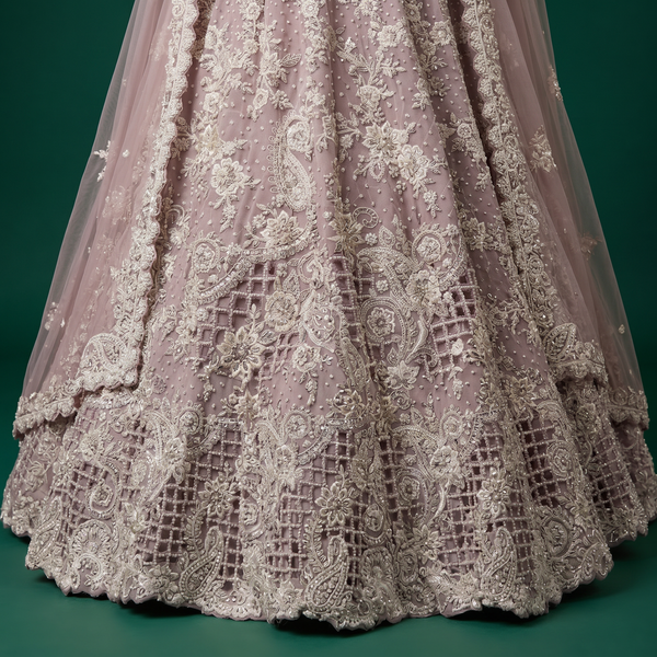 Lavender embroidered lehenga skirt with dense cutwork and bead-like embellishments