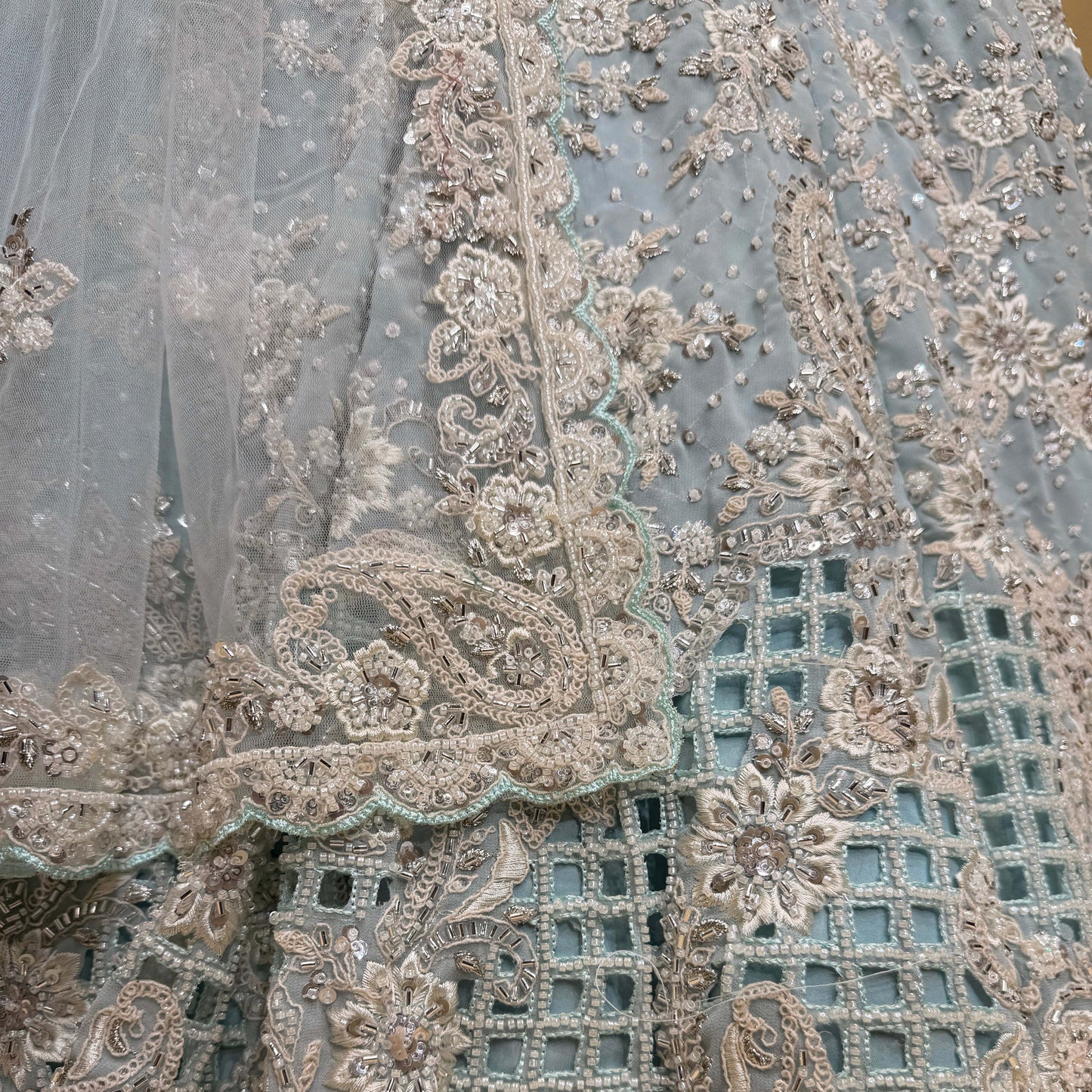 Jazzagals - Delicate Pearl Cutdana Handwork Georgette Lehenga Sky Blue