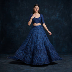 Model in a midnight blue net lehenga with tone-on-tone paisley and chevron embroidery, a scalloped hem and a short-sleeve cross-over sweetheart blouse against a dark blue backdrop