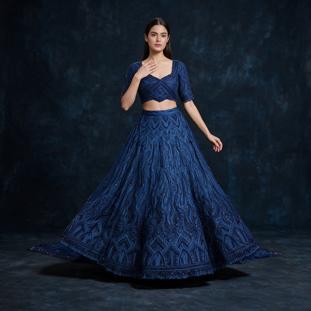 Model in a midnight blue net lehenga with tone-on-tone paisley and chevron embroidery, a scalloped hem and a short-sleeve cross-over sweetheart blouse against a dark blue backdrop