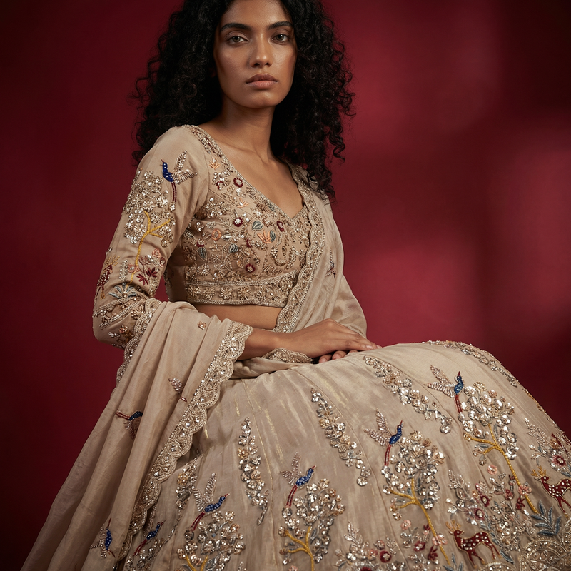 Designer lehenga set blouse and skirt, taupe-beige fabric with silver trim and blue motifs