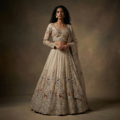Embroidered designer lehenga set with full-sleeve blouse, light beige with multicolor motifs