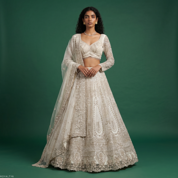 Cutdana Beads Handwork Pearl White Reception Wear Designer Lehenga