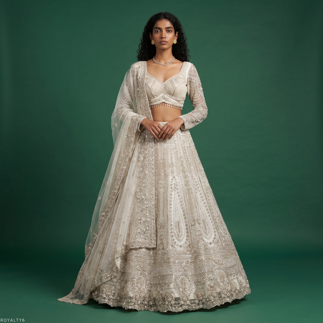 Pearl-white designer lehenga set with embroidered blouse, flared skirt and dupatta