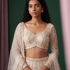 Pearl white beaded V-neck blouse with matching embroidered lehenga skirt
