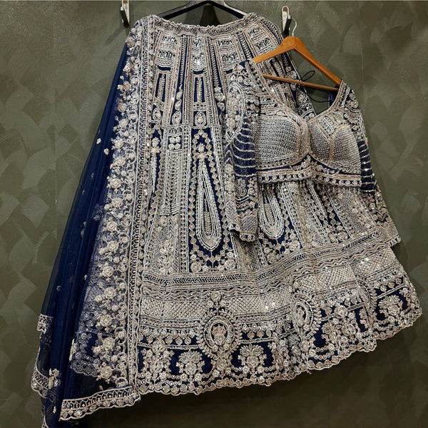 Cutdana Beads Handwork Navy Blue Reception Wear Designer Lehenga