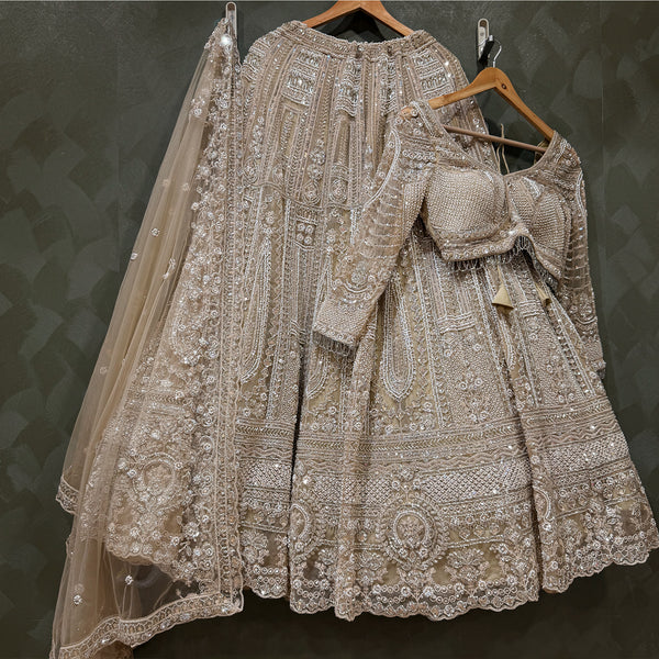 Cutdana Beads Handwork Ivory Reception Wear Designer Lehenga