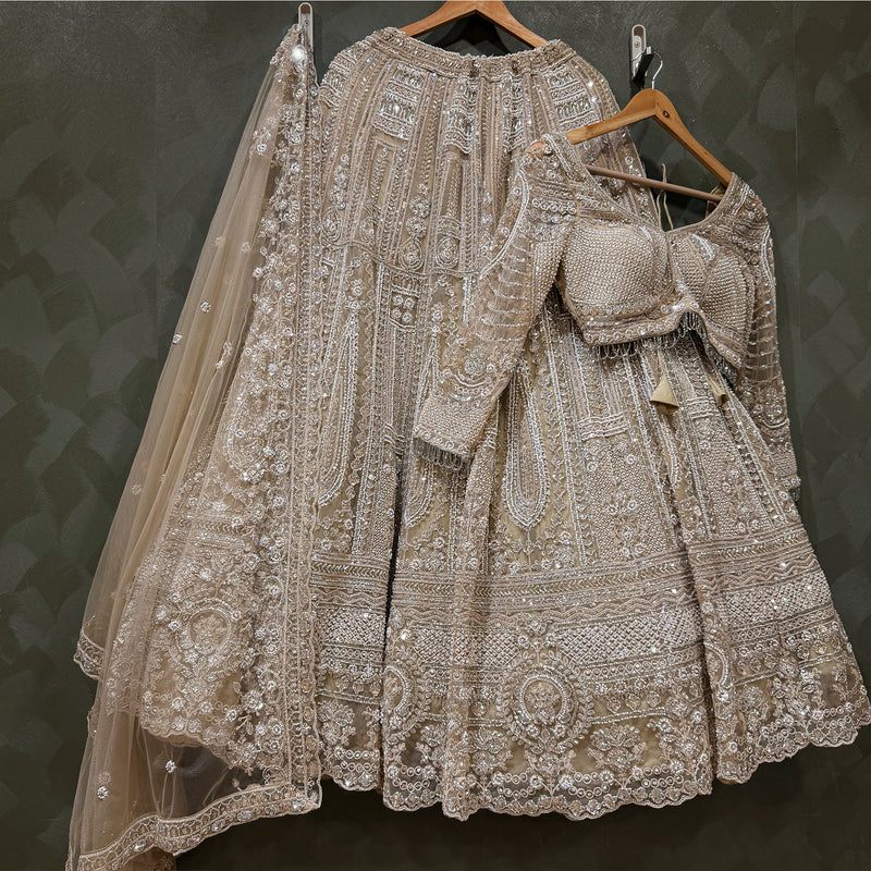 Cutdana Beads Handwork Ivory Reception Wear Designer Lehenga