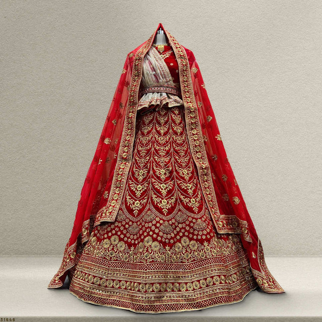 Royal red velvet bridal lehenga with gold embroidered kameez and embellished dupatta