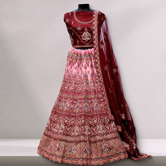 Padmini - The Ombre Party Wear Net Lehenga Designs - Maroon JMS Studio {{ Royal Red Bridal Lehenga}}