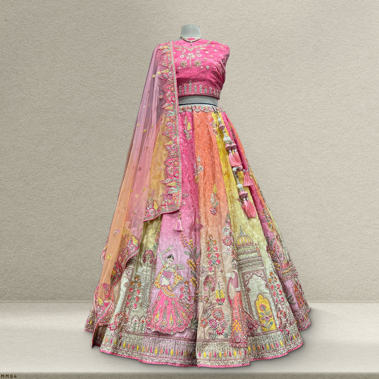 Rosé - Silk Multicolor Designer Replica Couture Lehenga