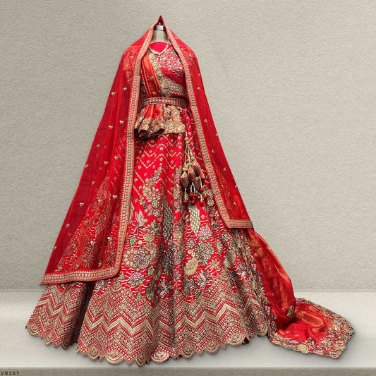 Dulhan in Red Lehenga Elegance: Raw Silk Royal Red Bridal Lehenga