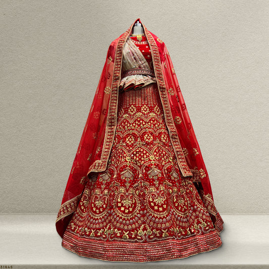 Pagfera - Double Dupatta Khatli Work Royal Red Bridal Lehenga