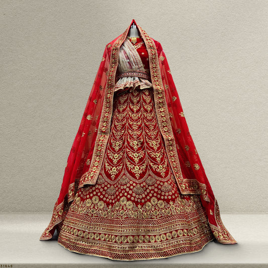 Pagfera - Double Dupatta Khatli Work Royal Red Bridal Lehenga