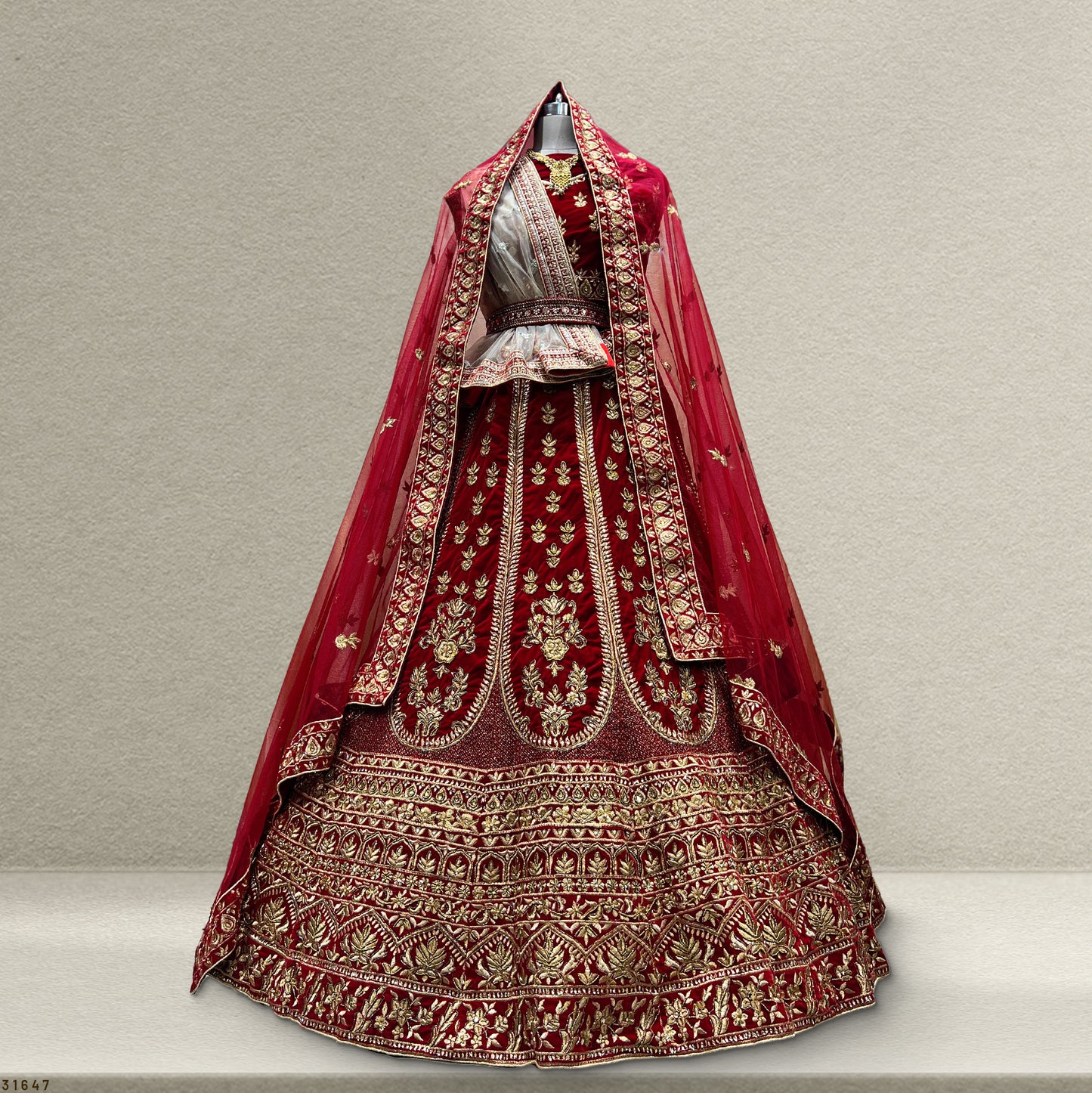 Pagfera - Double Dupatta Khatli Work Royal Red Bridal Lehenga