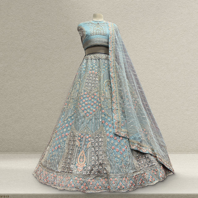Sky blue lehenga with silver embroidery, floral motifs, and matching sheer dupatta