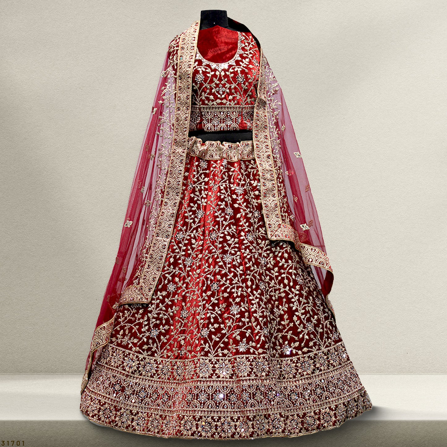 Pagfera - Double Dupatta Mirror Work Royal Red Bridal Lehenga