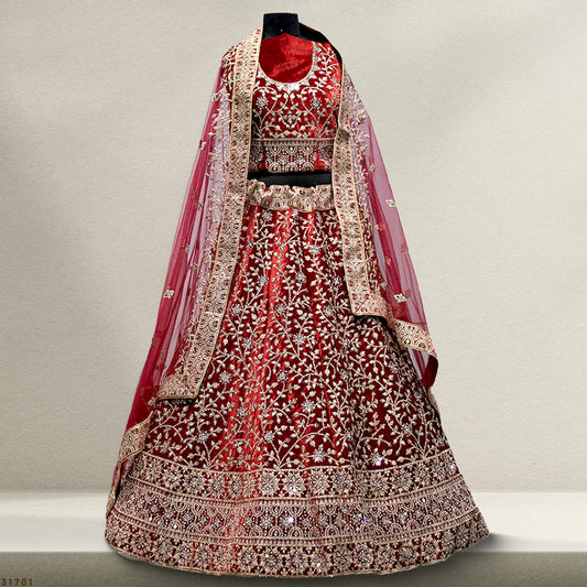 Pagfera - Double Dupatta Mirror Work Royal Red Bridal Lehenga