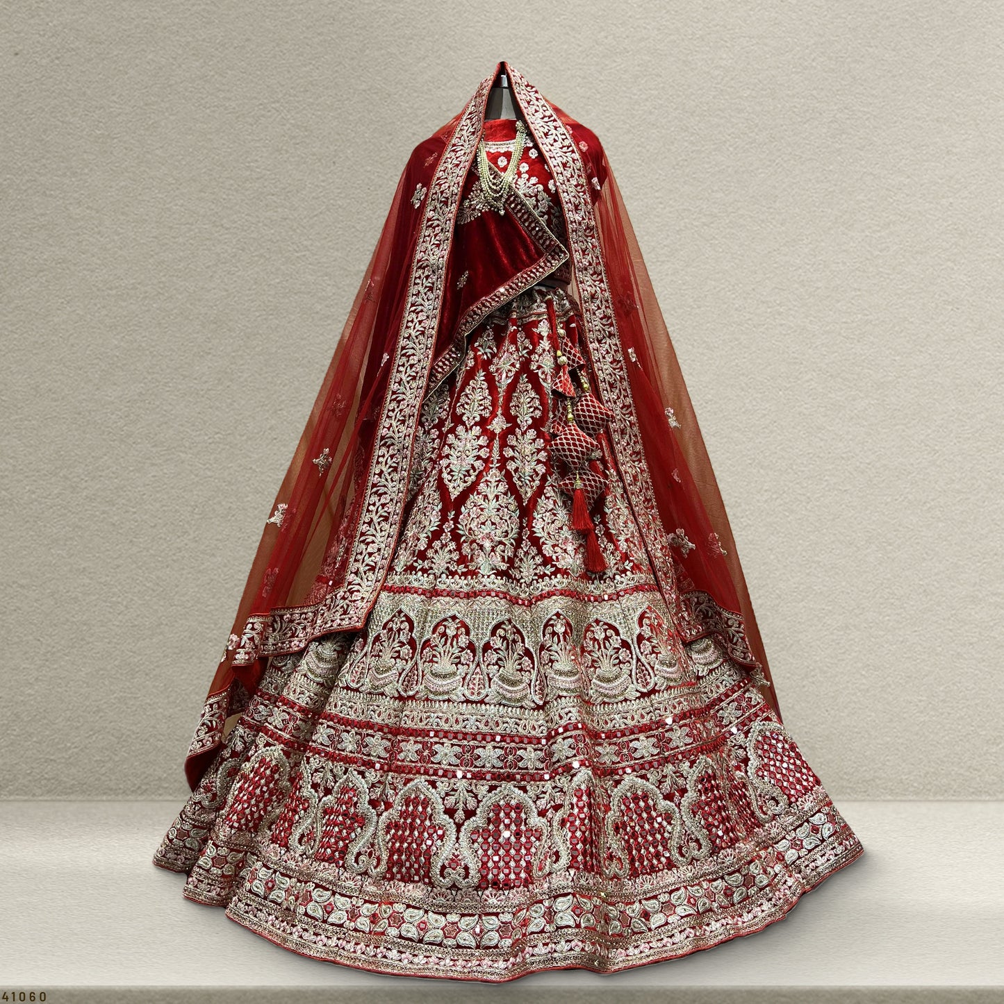 Pagfera - Double Dupatta Mirror Work Royal Red Bridal Lehenga